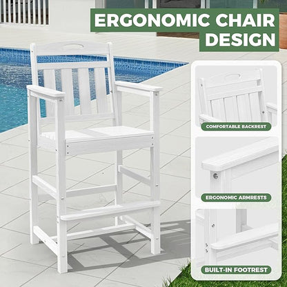 HDPE Outdoor Patio Tall Adirondack Bar Chairs Set of 2, All-Weather Bar Height Balcony Adirondack Stools for Bistro, Garden, Backyard, Pool, Deck | White