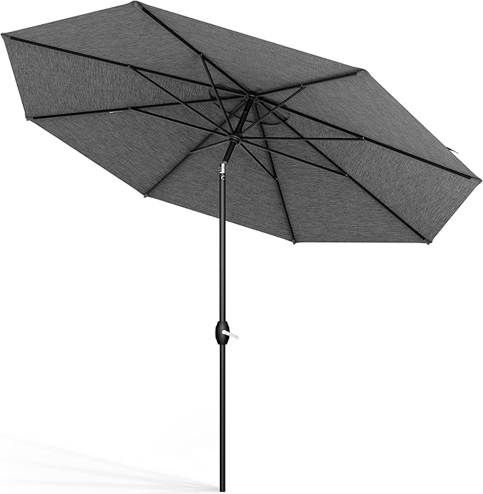 Midtown Umbrellas Sunbrella Umbrella 9 Feet Outdoor Umbrella With Cast Slate Acrylic Fabric - Auto-Tilt Aluminum Frame Patio Umbrella For Backyard, Deck, Garden, Pool - Black Pole