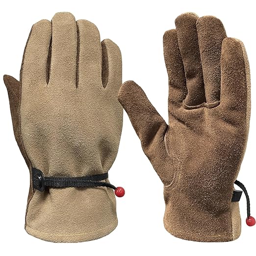 Leather Work Gloves for Men Women with Cotton Lining, Thorn Proof Gardening Gloves for TIG/MIG Welding, Construction (Coffee, Large)
