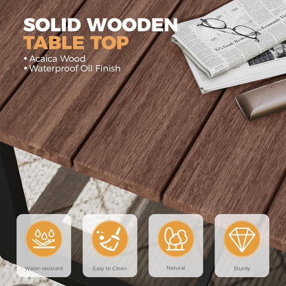 HAPPATIO Outdoor Acacia Wood Dining Table, 8-Person Patio Dining Table with Powder-Coated Aluminum Frame, Rectangle Outdoor Dining Table with Umbrella Hole for Deck Yard Garden