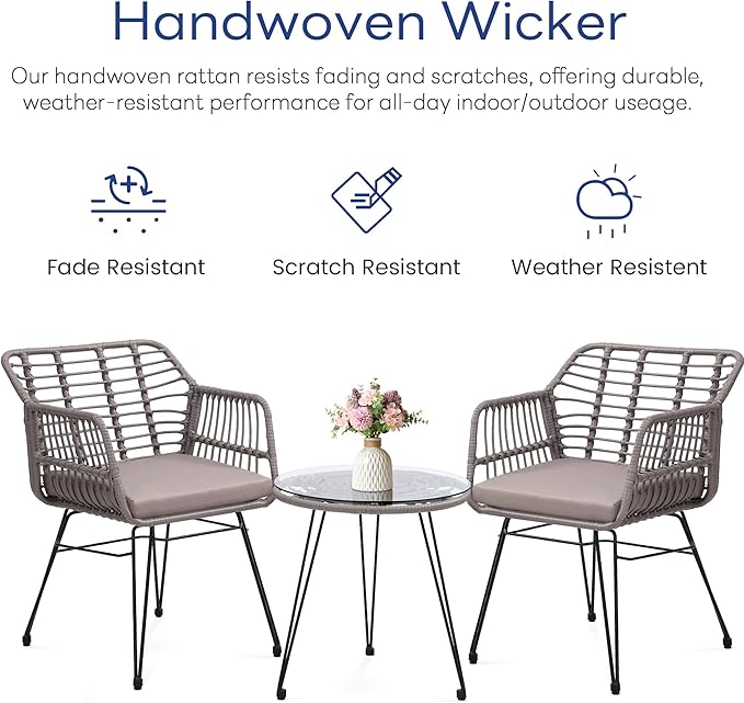 3 Piece Wicker Patio Bistro Furniture Set, Includes 2 Rattan Chairs and Glass Top Table, Ideal for Porch, Outdoor, Backyard, Apartment, Balcony, Grey