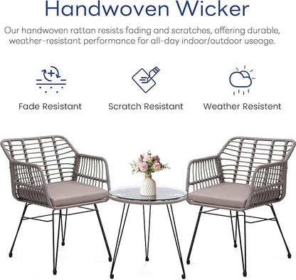 3 Piece Wicker Patio Bistro Furniture Set, Includes 2 Rattan Chairs and Glass Top Table, Ideal for Porch, Outdoor, Backyard, Apartment, Balcony, Grey