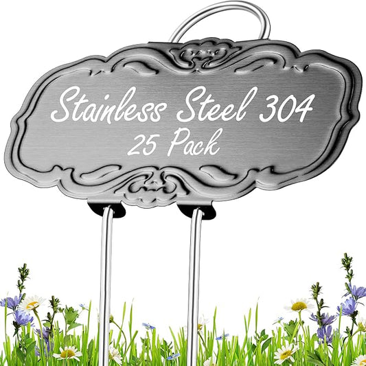 Updated Metal Plant Labels for Garden, 25 Pack Stainless Steel DIY Plant Markers Waterproof for Flowers Pots, Vegetables, Seedlings