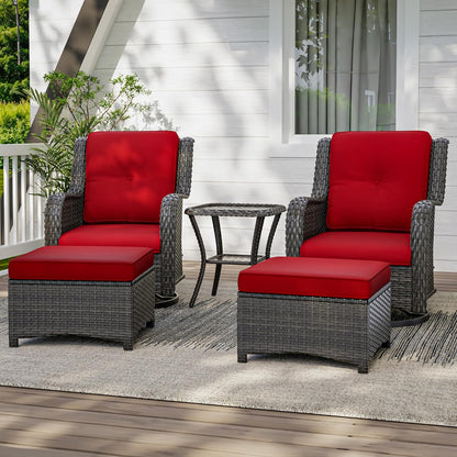 5 Piece Outdoor Patio Furniture Set Wicker Conversation Set Swivel Rocking Chairs with Side Table and Ottomans for Backyard, Porch, Deck, Red