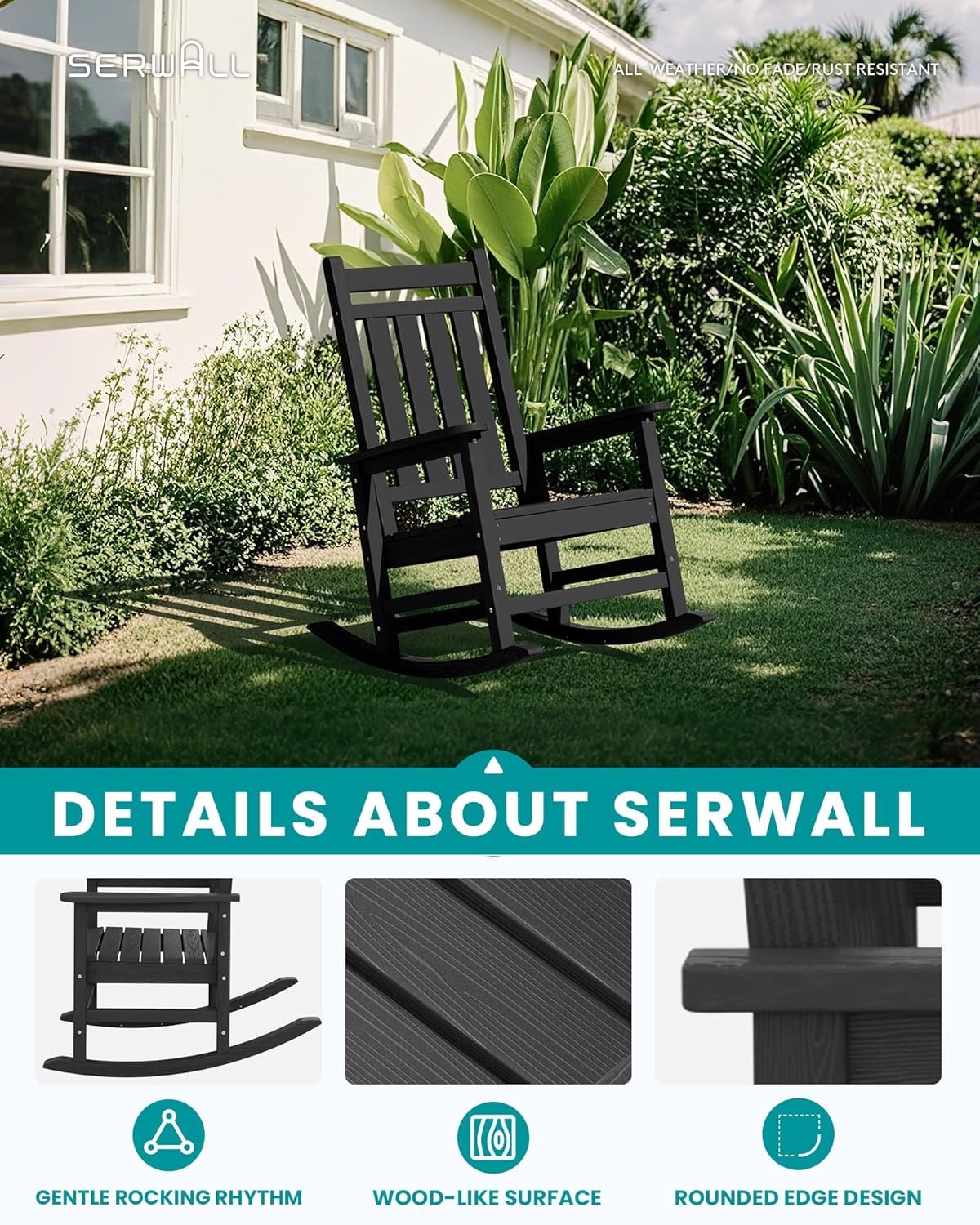 SERWALL HDPE Outdoor Rocking Chair Set of 8, Patio Rocking Chairs for Adults, All Weather Outdoor Rockers for Lawn, Black
