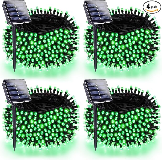 4 Pack 180FT Solar Christmas Lights Outdoor Waterproof, Super Bright 320 LED Solar String Lights with 8 Lighting Modes, Green Wire Twinkle Tree Light for Outside Xmas Party Decorations (Green)