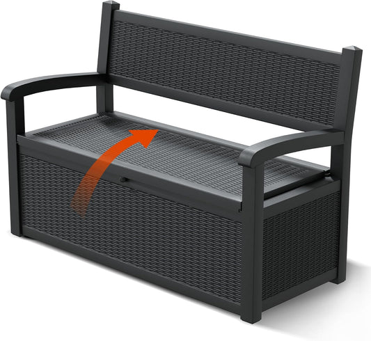80 Gallon Outdoor Storage Box, Resin Patio Furniture with Armrest, Lockable Deck Box with Waterproof and UV Resistant for Patio Cushions, Garden Tools and Pool Supplies, Black