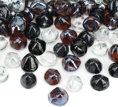Skyflame 10-Pound Blended Fire Glass Diamonds for Fire Pit Fireplace Landscaping, 1/2 Inch Onyx Black, Crystal Ice, Amber Luster