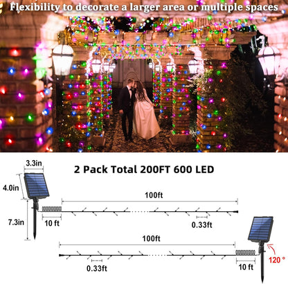 2-Pack 200FT Solar String Lights for Outside, 600 LED Extra-Bright Outdoor with 19 Modes & Timer, Waterproof Fairy Lights for Garden Patio Tree Christmas Decorations (Multicolor)