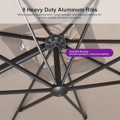PURPLE LEAF 9' X 11.5' Rectangle Cantilever Umbrella with Base Outdoor Large Aluminum Patio Umbrella with 3-Year Fade Resistance Recycled Fabric and 360-degree Rotation for Deck Pool Garden, Sand Dune