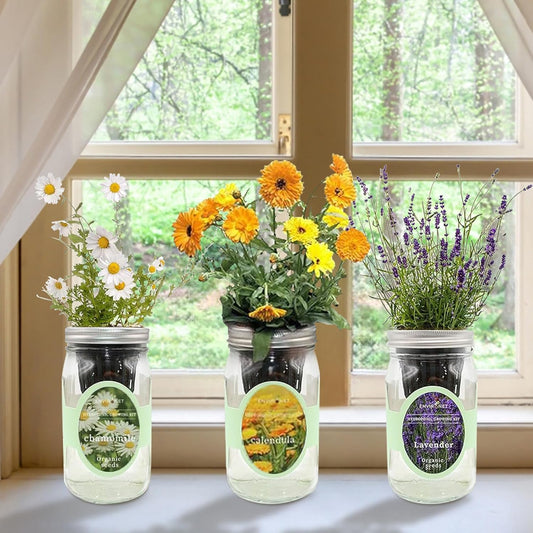 Hydroponic Herb Growing Kit Set, Self-Watering Mason Jar Herb Garden Starter Kit Indoor, Grow Your Own Herbs from Seeds (Calendula, Chamomile & Lavender)