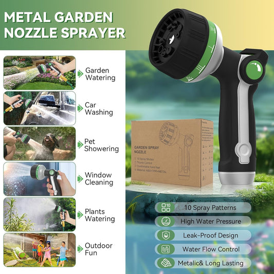 Garden Hose Nozzle Heavy Duty,Metal Water Hose Nozzle with 10 Adjustable Spray Patterns, High Pressure Hose Sprayer Nozzle Thumb Control On Off Valve for Lawn & Plant Watering, Car & Pet Washing