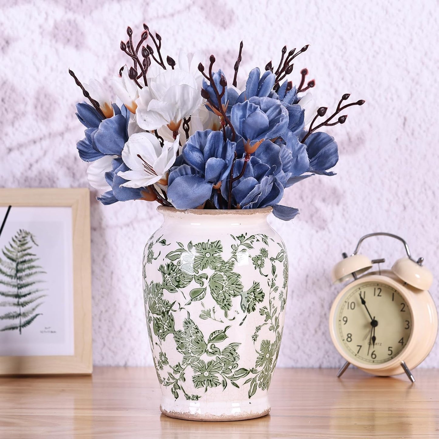 Vintage Vase for Flowers,Green Chinoiserie Ceramic Vase,Rustic Farmhouse Cracked Vases,for Flower Arrangement,Living Room, Office, Shelf, Fireplace Tables,Centerpieces,Chinoiserie Pottery Decor(B)