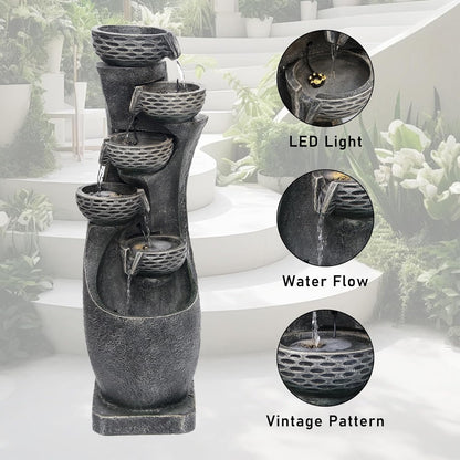 35.83''H Indoor Outdoor Modern Water Fountain 6-Tiers Garden Cascading Fountains Curve Shape Floor Standing Waterfall Water Feature with LED Light for Yard Deck Patio Home Art Decor