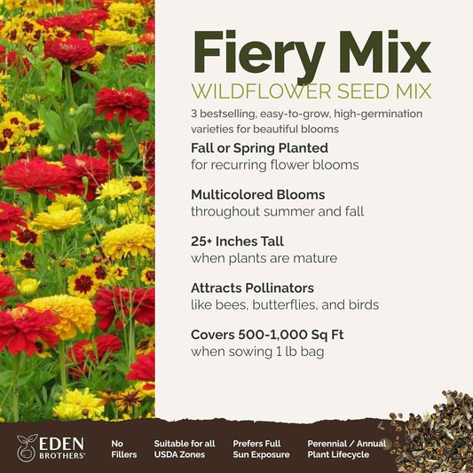 Eden Brothers Fiery Flower Mixed Seeds for Planting, 1 lb, 480,000+ Seeds with Zinnia Scarlet Flame, Plains Coreopsis | Attracts Pollinators, Plant in Spring or Fall, Zones 3, 4, 5, 6, 7, 8, 9, 10