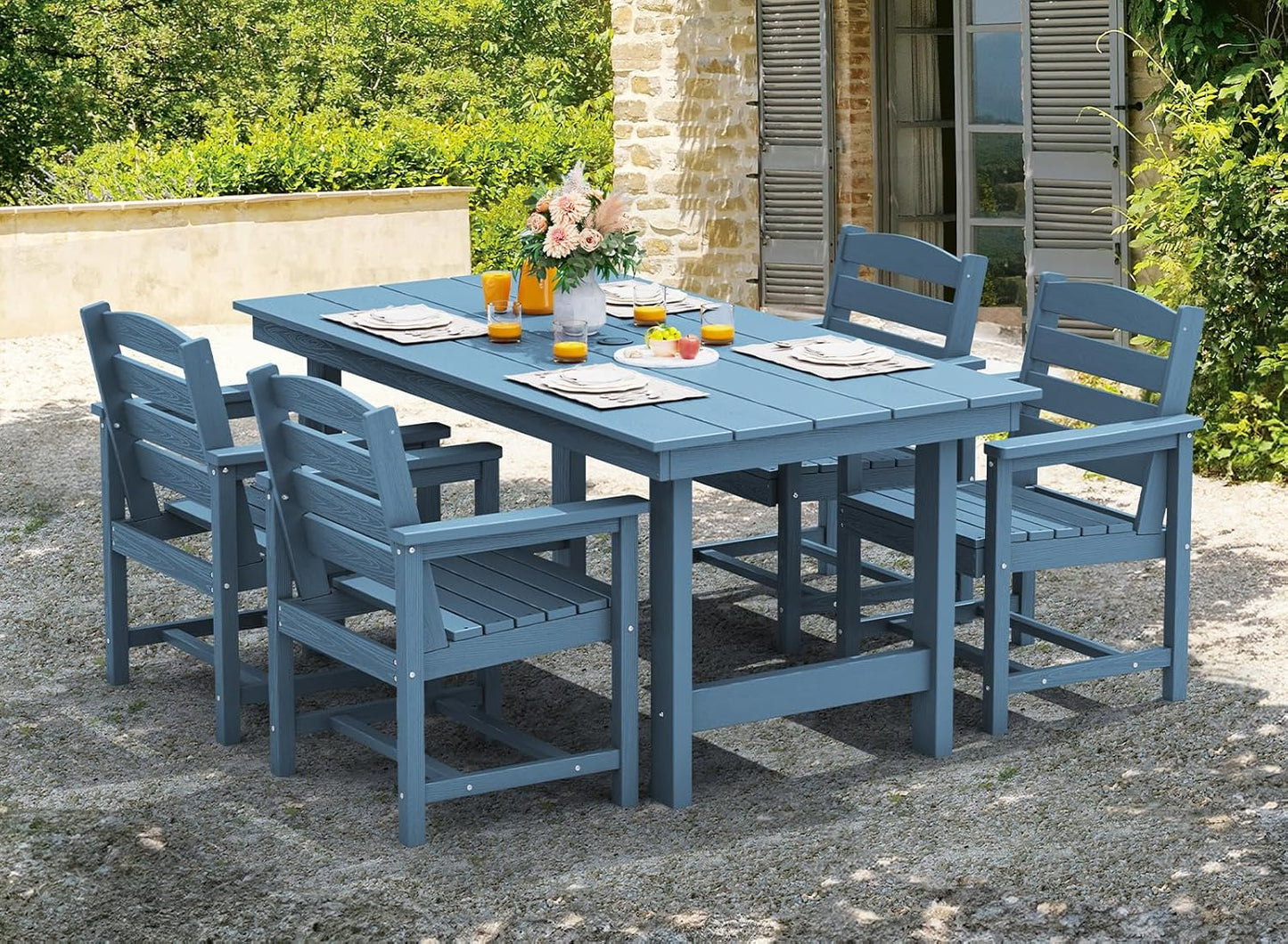 SERWALL Outdoor Dining Table, 67" Rectangle HDPE Dining Table for 6, Patio Table for Dining with Umbrella Hole, Blue