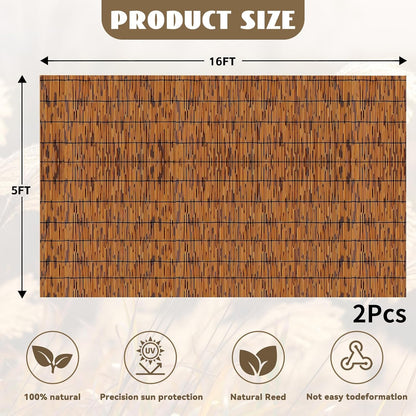 Bamboo Reed Fencing, Light Russet Decorative Bamboo Privacy Fence 5ft High, Reed Curtains for Patio Garden Balcony Outdoor Privacy Screen, 5 x 16 FT (2 Pcs)