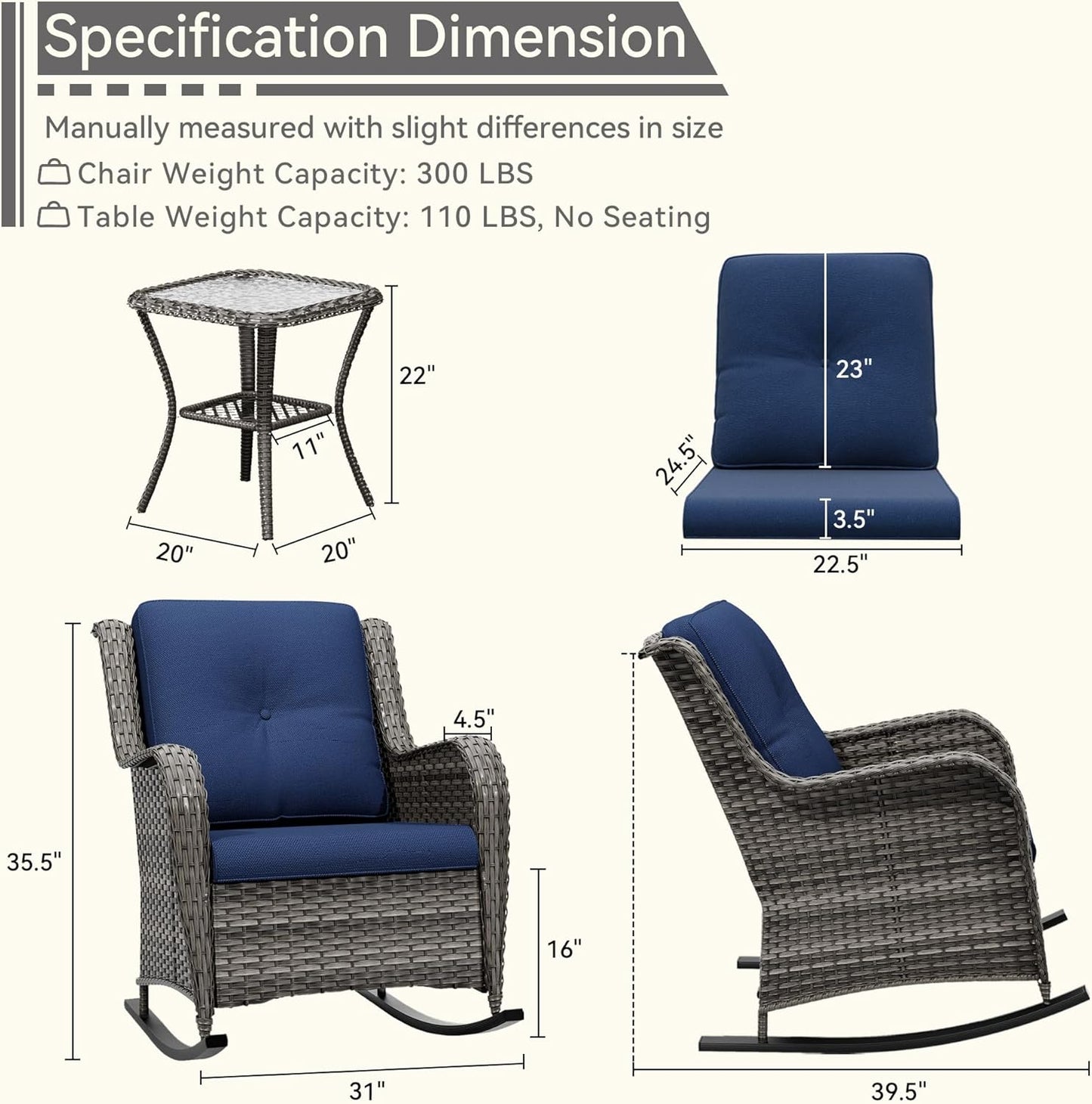 3 Piece Outdoor Rocking Chair Bistro Set, Wicker Patio Furniture Set Includes 2 Chiars and 1 Side Table, for Yard, Porch, Mixed Brown Grey Rattan, Blue