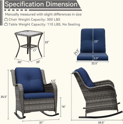 3 Piece Outdoor Rocking Chair Bistro Set, Wicker Patio Furniture Set Includes 2 Chiars and 1 Side Table, for Yard, Porch, Mixed Brown Grey Rattan, Blue