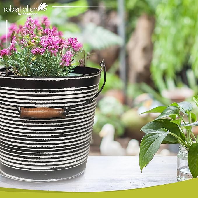 Headwind Robert Allen Vintage Ribbed Metal Planter with Handle, 10-Inch, Charcoal – Lightweight Indoor/Outdoor Flower Pot with Drainage Hole