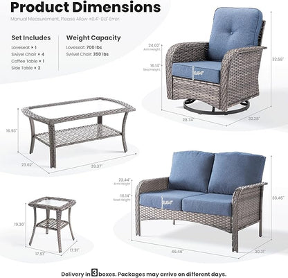ovios 8 Pieces Patio Furniture Set, Outdoor Wicker Sofa with Swivel Chairs, Coffee Table, All Weather High Back Rattan Loveseat Couch with Comfy Cushions, Denim Blue