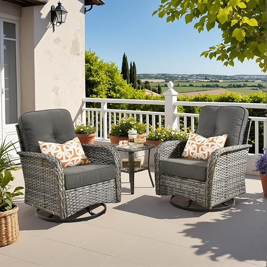 3-Piece Swivel Rocking Rattan Chair Outdoor, Patio Bistro Furniture Conversation Set, Wicker Chair with Coffee Table Black