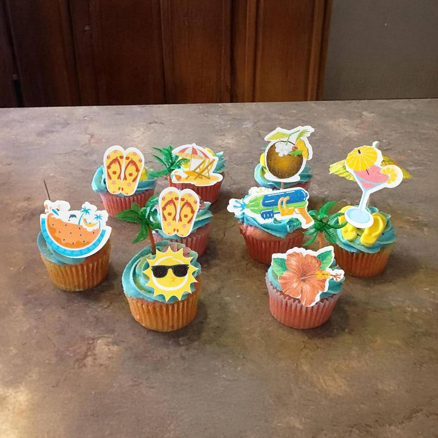 Ephlyn 54Pcs Edible Summer Beach Pool Cupcake Toppers Sun Flower Watermelon Water Gun Coconut Slippers Cupcake Picks Hawaii Theme Birthday Party Cake Decorations Supplies Red Yellow