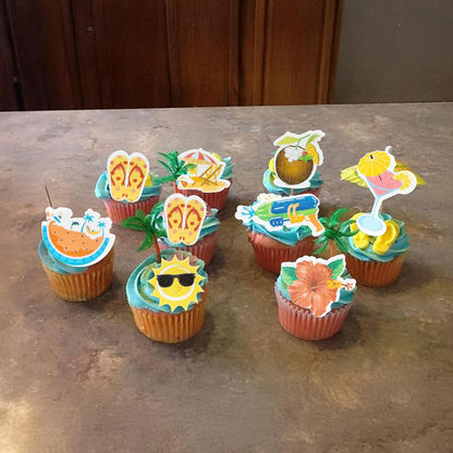 Ephlyn 54Pcs Edible Summer Beach Pool Cupcake Toppers Sun Flower Watermelon Water Gun Coconut Slippers Cupcake Picks Hawaii Theme Birthday Party Cake Decorations Supplies Red Yellow