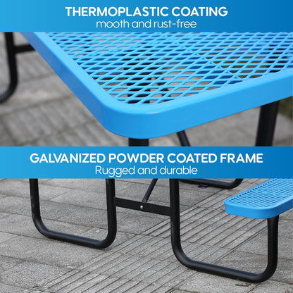 4FT Metal Picnic Tables for Outdoors, Commercial Rectangular Picnic Table and Bench Set for Outside, Patio, Garden, Backyard, Porch, Surface Mount, Blue