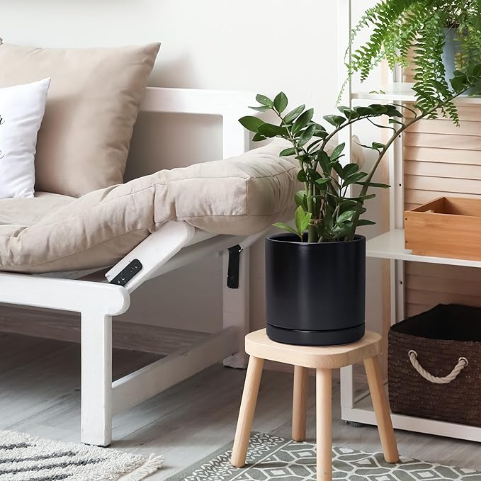 D'vine Dev 8.2 Inch Ceramic Planter Pot with Drainage Hole and Saucer, Indoor Cylinder Round Planter Pot, Black, 94-O-D-2