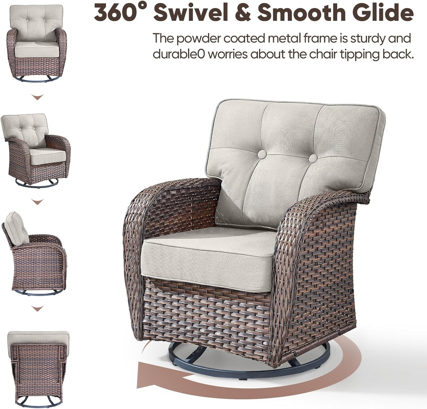 6-Piece Rotating Balcony Chair Set with 31-inch T-Shaped Wide backrest - Rattan Outdoor Rotating Balcony Chairs, Wide backrest Comfortable Outdoor Sliding Chair - Brown | Beige