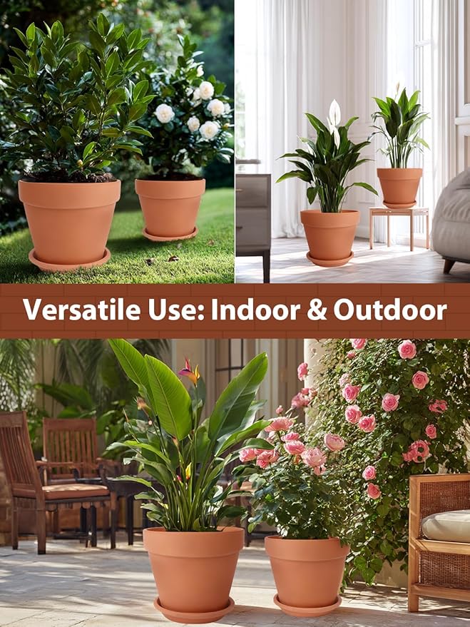 INGOFIN Terracotta Pot with Saucer 10&12 Inch - Ceramic Clay Pot for Plants with Drainage Hole, Large Terra Cotta Flower Planter with Tray for Indoor Outdoor Plants