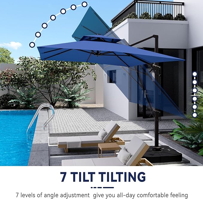 10x13 FT Cantilever Patio Umbrella with Base Included Double Top Outdoor Rectangular Large Heavy Duty Aluminum Offset Umbrellas with 7 Level Tilt 360-degree Rotation for Pool Garden Deck, Navy