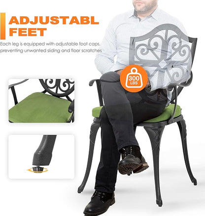 NUU GARDEN 3 Piece Outdoor Bistro Set Cast Aluminum Patio Set Bistro Table Set Rustproof Patio Table and Chairs with Umbrella Hole and Green Cushions for Backyard, Balcony, Porch, Black