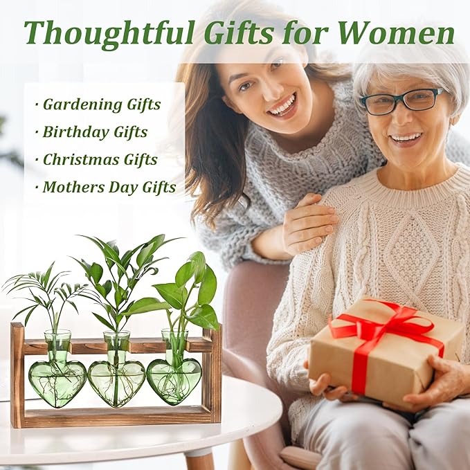 Lifecapido Heart Shaped Propagation Stations, Plant Terrarium with Wooden Stand, Plant Propagation Station for Hydroponics Office Garden Home Decor, Gifts for Women Plant Lover (3 Vases, Mint Green)