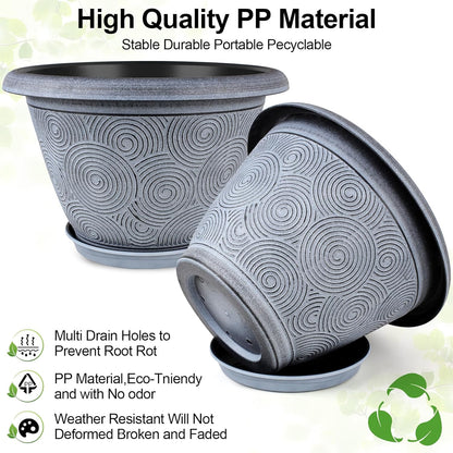16 Inch Large Planter Pot for Plants Indoor Outdoor, 4 Pack Plastic Flower Pots with Drainage Hole & Tray, Modern Decorative Garden Pot with Saucer, Plant Container for House