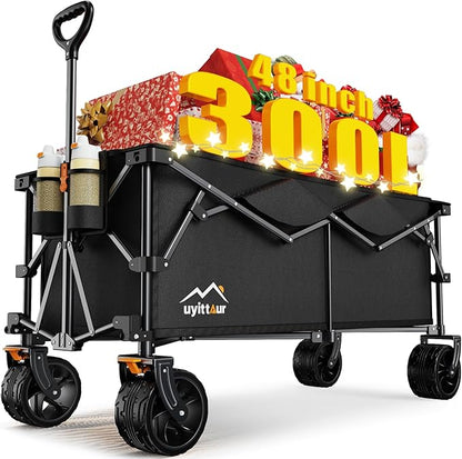 300L Extra Large Collapsible Foldable Wagon, 440lbs Load Capacity 48''L Extended Heavy Duty Folding Beach Wagon with Big All-Terrain Wheels, Utility Garden Cart for Outdoor Activities, Black
