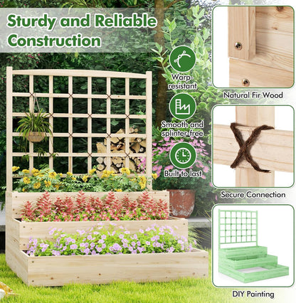 HAPPYGRILL 3-Tier Raised Garden Bed, Wooden Planter with Trellis & Open-Ended Base for Patio Yard Lawn, Outdoor Planter Boxes for Climbing Plants Vines Flower Herb Vegetable Fruit, 44” x 45” x 56”