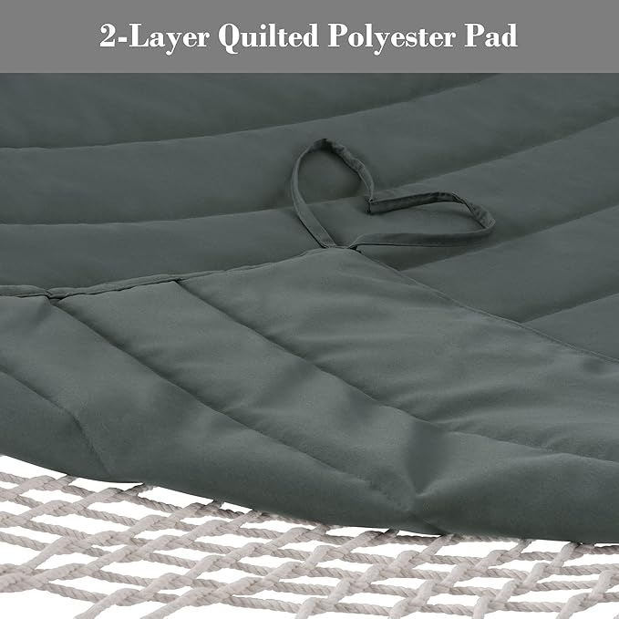 SUNCREAT Portable Double Rope Hammock with Pad, Two Person Tree Hammock for Garden, Backyard, Patio, Poolside, Gray Green