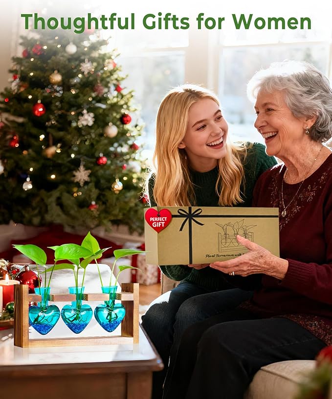 Nacome Plant Terrarium Propagation Stations: Birthday Gifts for Plant Lovers Women Mom Wife - Wooden Stand Tabletop Planter 3 Bulb Glass Vase Heart Shaped for Hydroponics Indoor Home