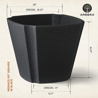 ARBORA 20" Monaco Square Polyresin Indoor and Outdoor Planter with Classic Black Finish - Durable, Weatherproof, Lightweight, Large Plant Pot for Patio, Garden, Deck, Entryway