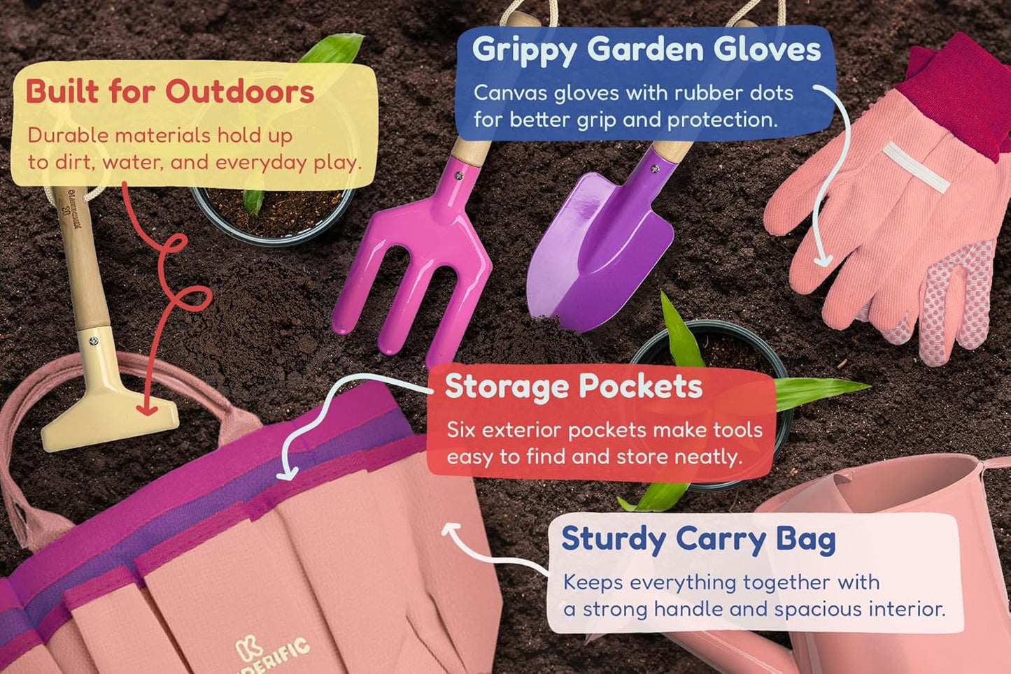 Gardening Set, Tool Kit, for Kids, STEM, Includes Tote Bag, Spade, Watering Can, Rake, Fork, Trowel and Gloves (Princess Pink)