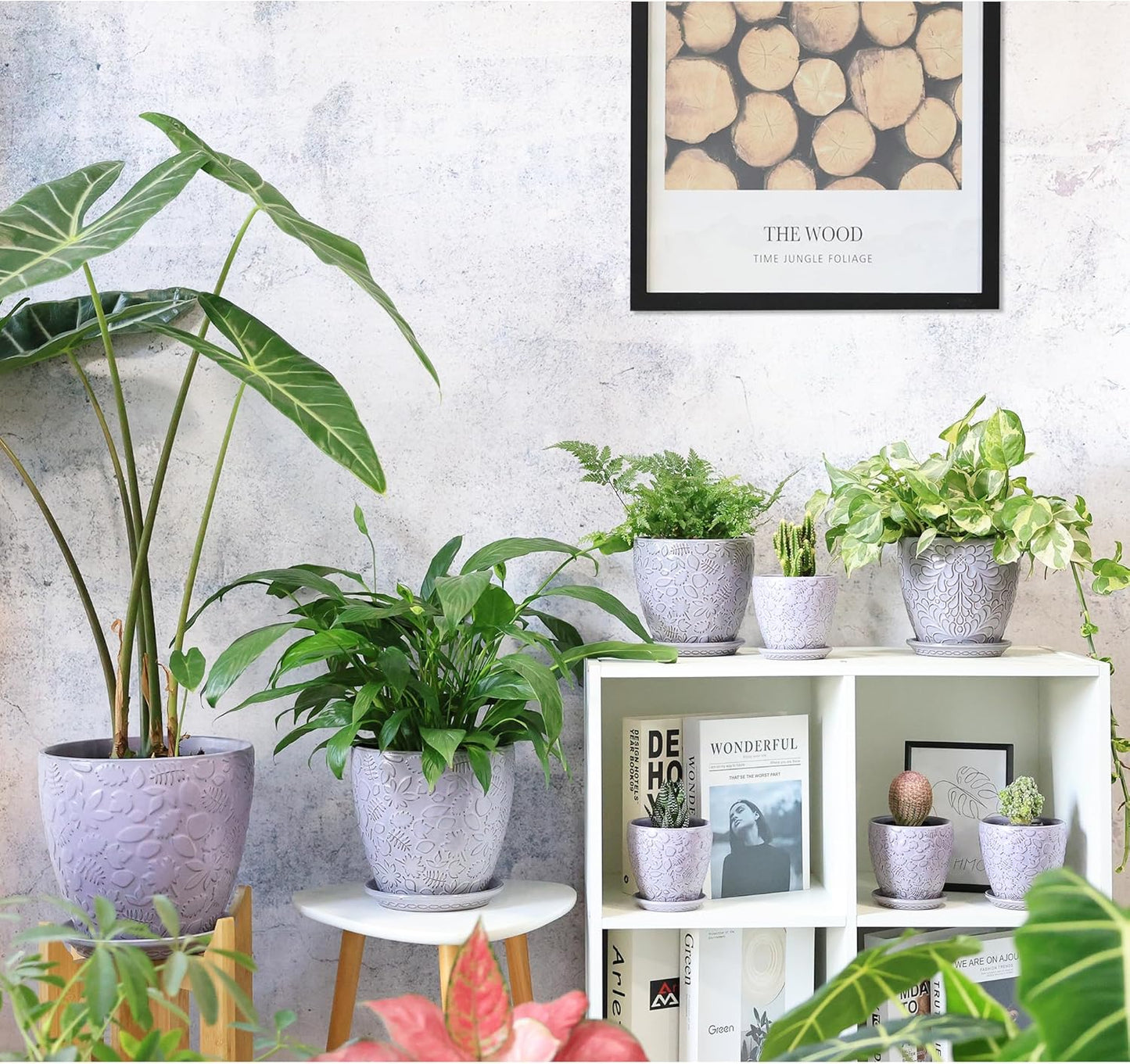 8 Inch + 6 Inch Retro Ceramic Planter Set of 2 with Drainage Hole and Saucer for Multiple Plants, Indoor-Outdoor Garden Pots for Succulent, Orchid, and Flower (Retro Purple)