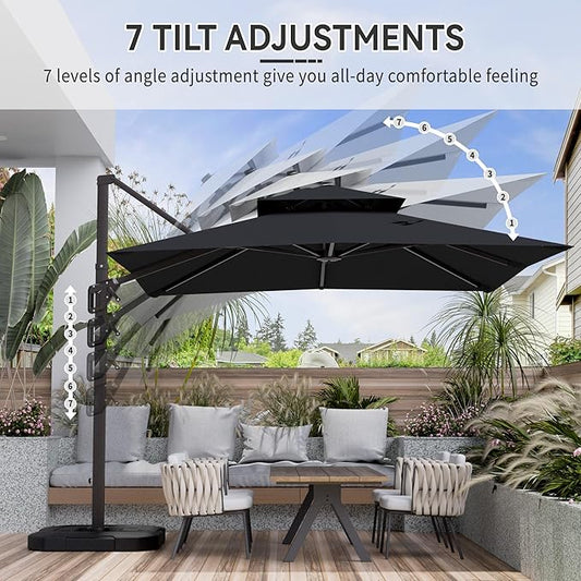 10' X 10' Cantilever Patio Umbrella Outdoor Heavy Duty Double Top Windproof Square Offset Umbrellas with 360-degree Rotation for Pool Deck Backyard, Black