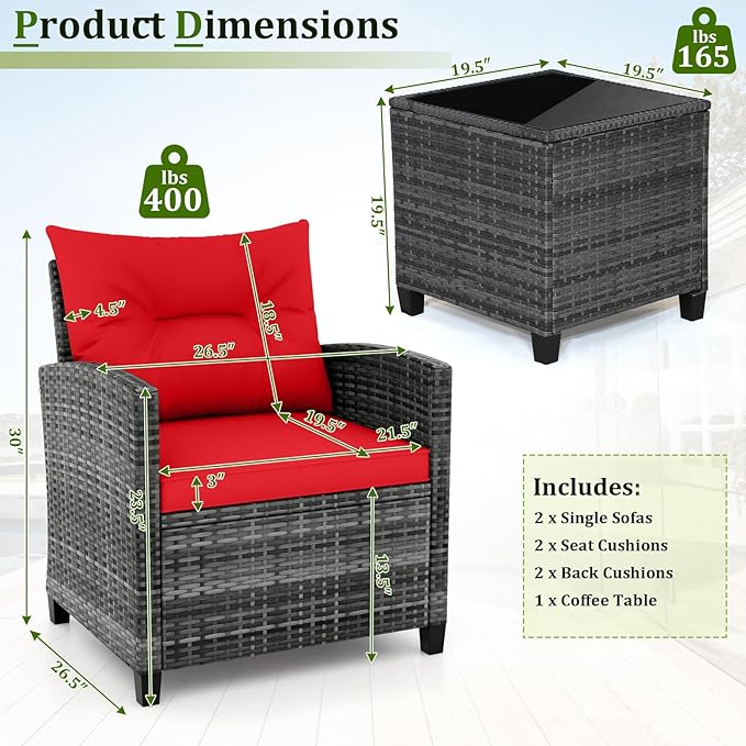 RELAX4LIFE Wicker Patio Furniture Sets - 3 Pieces Rattan Sofa Set, Outdoor Conversation Set with Tempered Glass Tabletop, Heavy-Duty Steel Frame, Wicker Chair Set for Poolside, Backyard (Grey-Red)