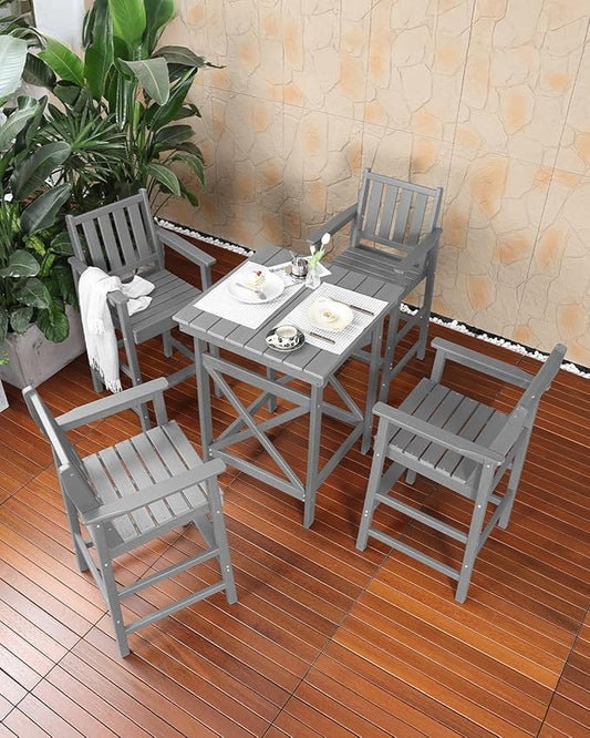 QUASCO 5 PCS Outdoor Adirondack Bar Chairs and Table Set, HDPE Patio Bar Height Chairs Set of 4 and Bar Table, All Weather Outdoor Bar Stools Set for Bistro, Balcony, Poolside, Gray