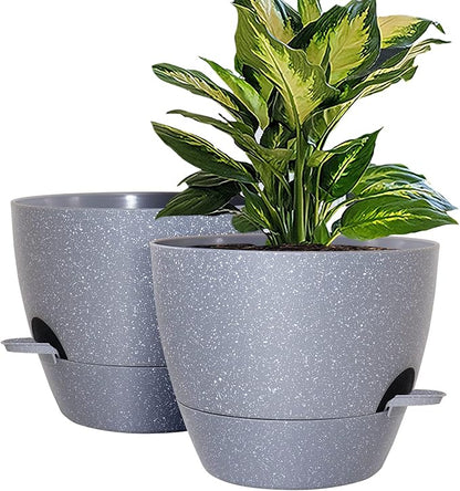 10 inch Self Watering Planters, 2 Pack Large Plastic Plant Pots with Deep Reservior and High Drainage Holes for Indoor Outdoor Plants and Flowers, Speckled Grey