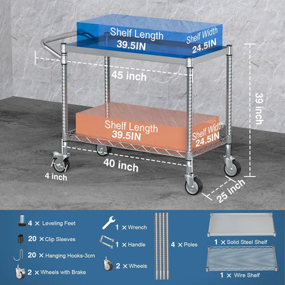 Leteuke 2 Tier Utility Tool Cart with Wheels, 900LBS Capacity Heavy Duty Rolling Utility Carts with Handle, Commercial Grade Metal Serving Storage Cart for Warehouse Garage Kitchen,Silver