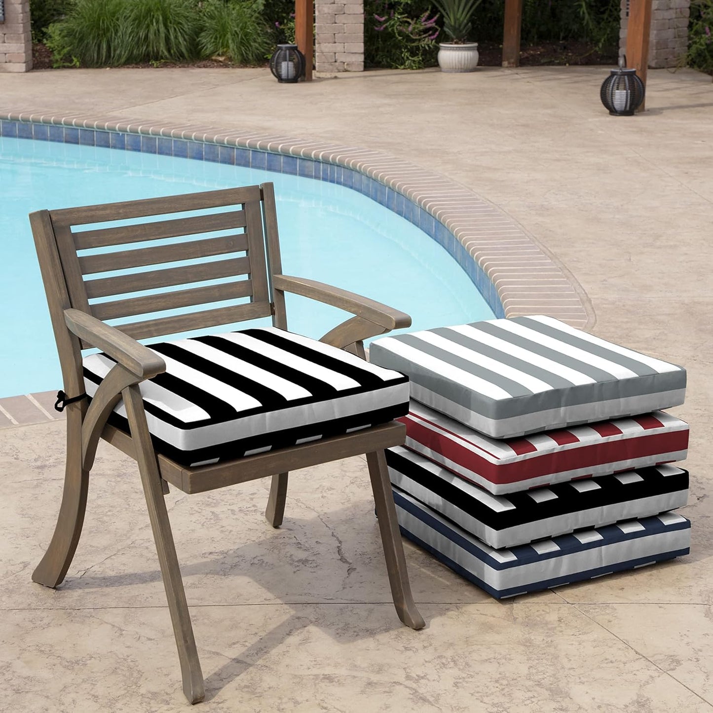 Arden Seat Cushion, 21 x 21, Rain-Proof, Fade Resistant, Cushion for Patio Dining, Adirondack, and Outdoor Chairs Black Cabana Stripe