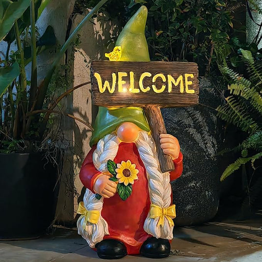 22" Solar Large Gnome Lady Garden Statue Big Female Gnome with Welcome Sign Outdoor Decor with LED Lights Home Porch Yard Patio Lawn Ornament Christmas Housewarming Gardening Gift